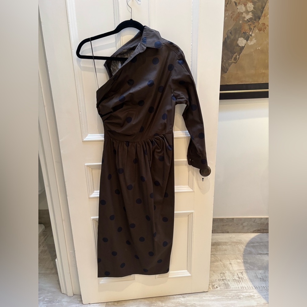MaxMara One Shoulder Brown Polka Dot Dress